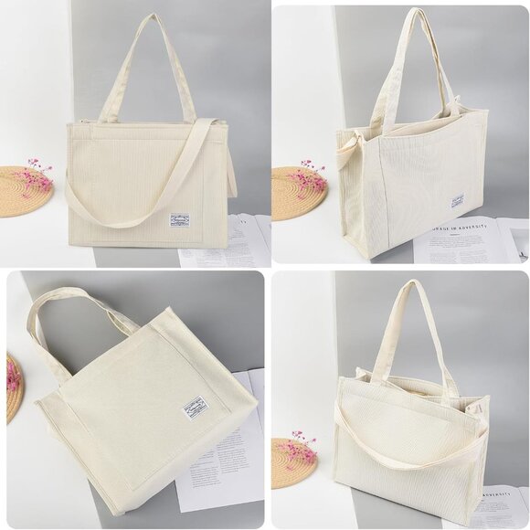Versatile Large Corduroy Tote Bag with Multiple Pockets - Chic Everyday Use - Picture 2 of 9